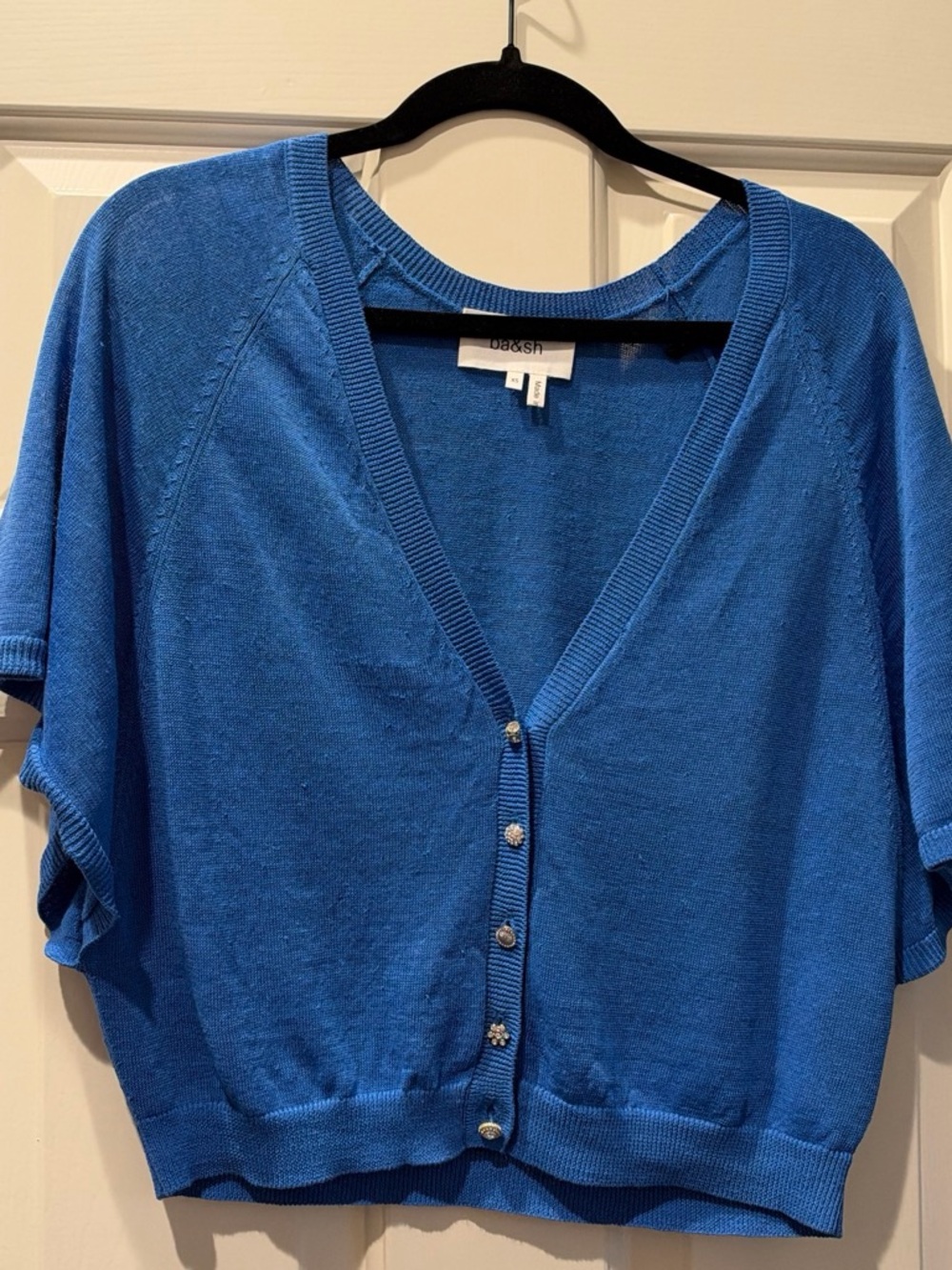 ba&sh Bright Blue Short-Sleeve V-Neck Button Cardigan